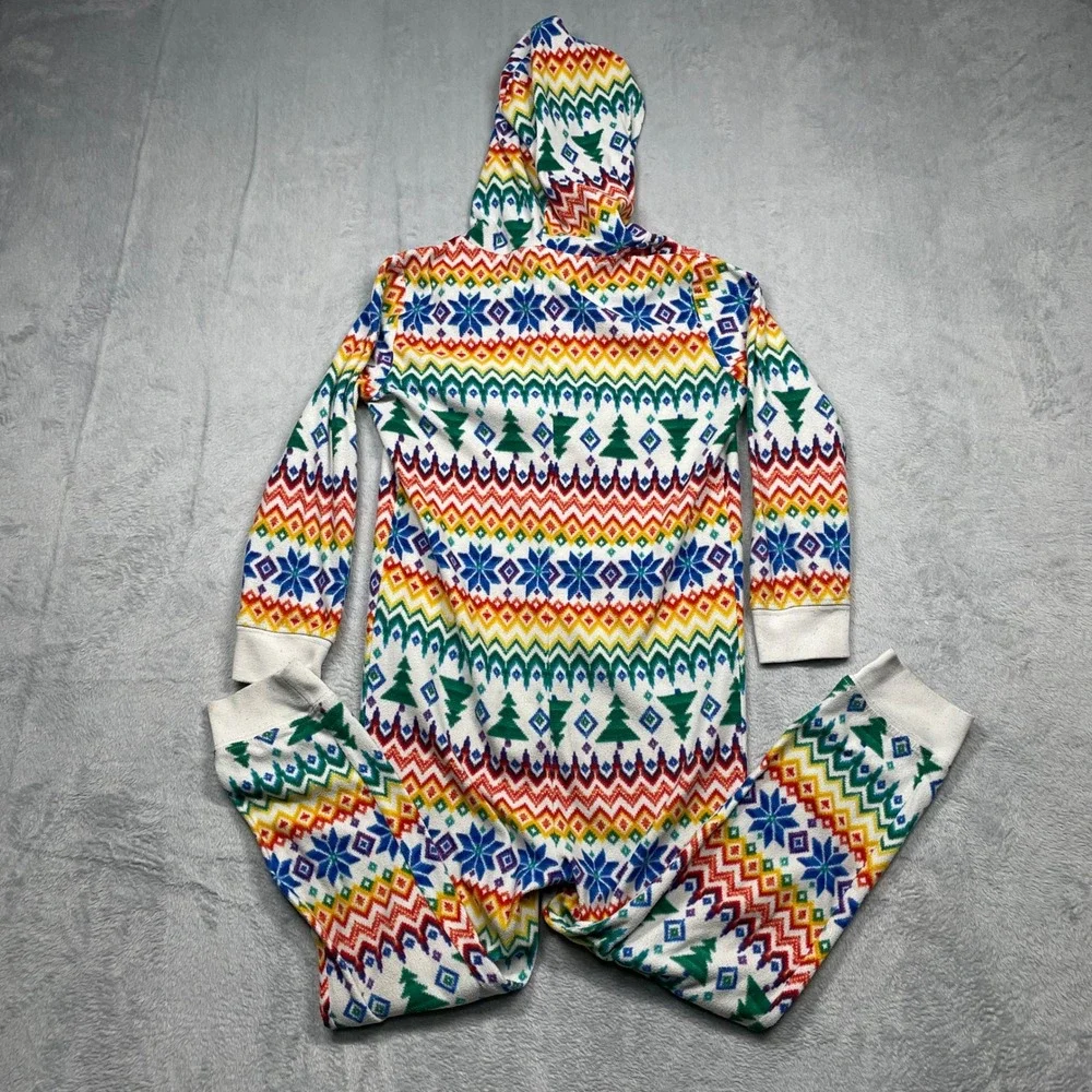 Old Navy One Piece Pajamas Unisex Kids M 8 White Rainbow Fair Isle Holiday Zip